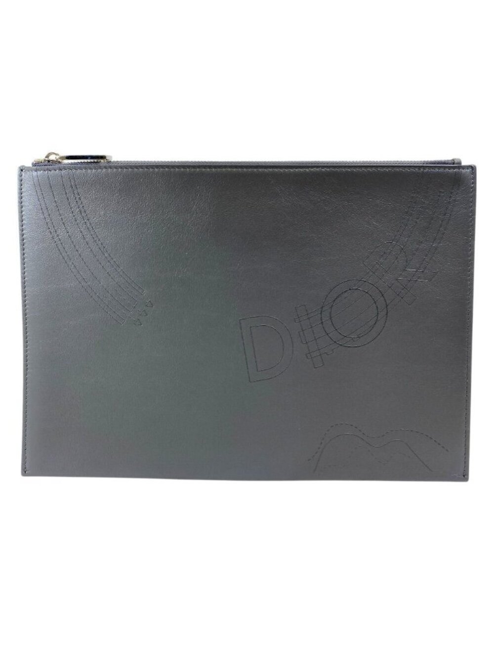 Dior Clutch Pouch Leather Gray Lightweight Capacity Crossbody